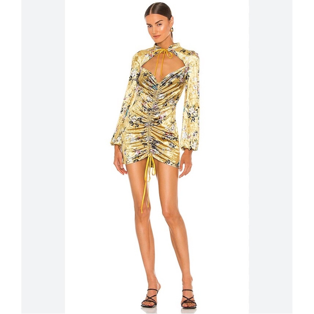 J11 Kim Shui Yellow Floral Butterfly Crushed Velvet Ruched Mini Dress Small
